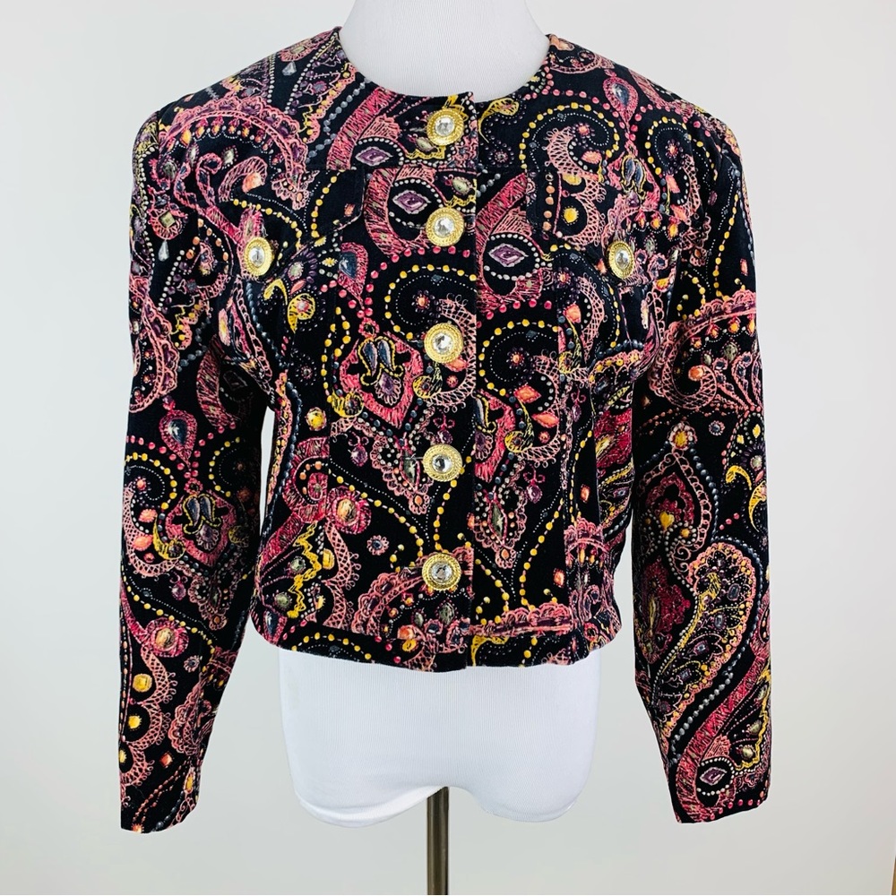 Vintage Betty Barclay Velvet Paisley Jacket Rhinestone Buttons Sz 10